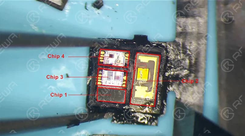  Chip 1 is an unencrypted chip. Since some repair technicians have replaced it before, our guess is that chip 1 might be a boost chip or an EEPROM chip. So chip 2, chip 3, or chip 4 might be the encrypted chip. Still, due to the difficulty of replacing, no one has verified that. As you can see, with thousands of components integrated, the composition of the flood illuminator module is very precise.   Chip 2 is the flood illuminator.   Chip 3 and Chip 4 are proximity sensors that are responsible for receiving and transmitting respectively. The infrared light emitted from the two proximity sensors could be a single dot or a single set of dots. Independent of each other, the three chips are indispensable. And this is what you should know about the flood illuminator module. 