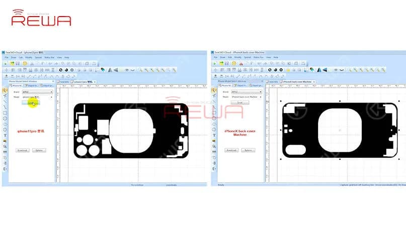 Legen Sie zunächst die Rückseite des iPhone 11 Pro zum Fokussieren unter die Sonde. Legen Sie dann das Rückglas des iPhone 11 Pro auf das Bedienfeld.   Wählen Sie "iPhone 11 Pro" aus der Modellliste und klicken Sie auf "Laden", um die Zeichnung zu laden.   Der schwarze Bereich auf der Zeichnung ist der Bereich, der gescannt werden soll, und der weiße Bereich ist der Bereich, der beibehalten werden soll.   Tipps: Wenn Sie die beiden Zeichnungen vergleichen, sehen Sie, dass es im Gegensatz zum iPhone X mehr Bereiche gibt, die der Laser beim Scannen des iPhone 11 Pro aussparen sollte. 