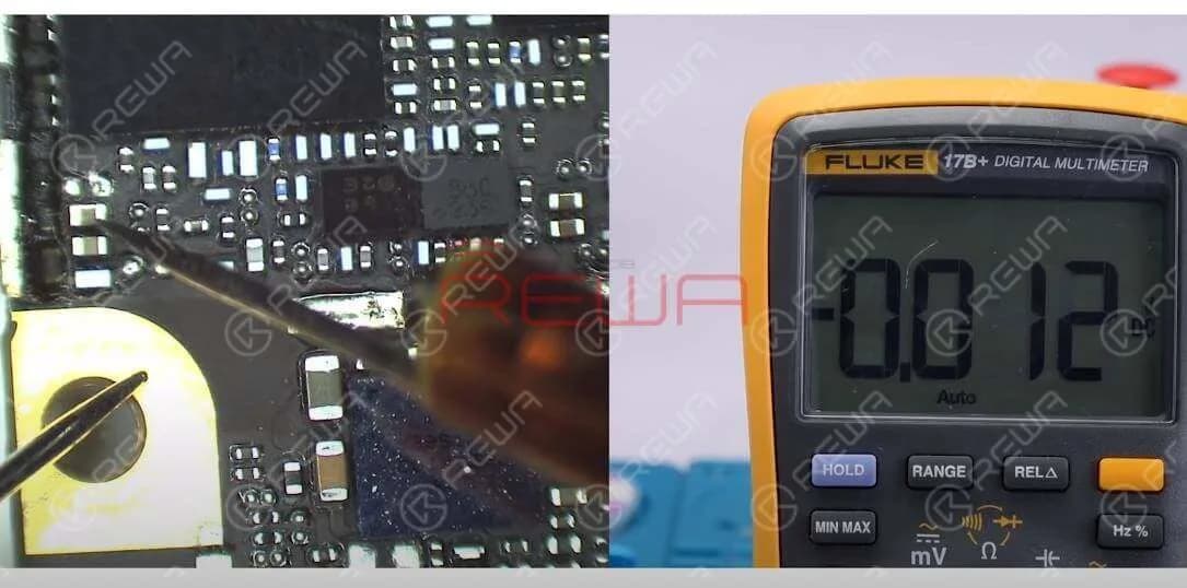 Next, let’s continue with the signal amplifier power supply voltage, VPA_APT. Measure the voltage value of corresponding capacitor, C4108. There is no voltage value. Normal voltage value should be 3V7.