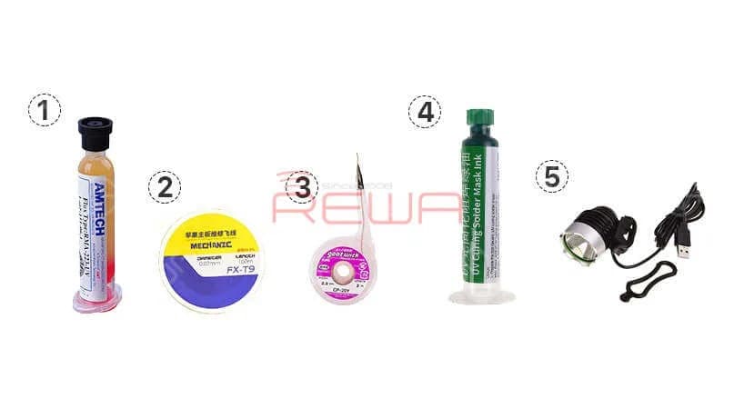 1.BGA Flux Paste 2.Solder Wire Kit 3.Desoldering Wick 4.UV Curable Solder Mask 5.USB Ultraviolet Light UV Glue Curing Lamp  