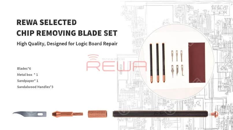 REWA ha selezionato un set di lame con impugnatura in legno per la rimozione dei trucioli delle schede logiche