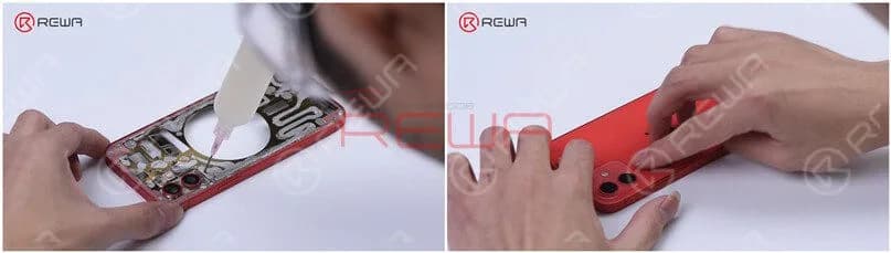 Apply some adhesive evenly on the middle frame. Put the back glass in position and press it gently against the middle frame.