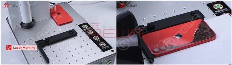 Put the back glass of iPhone 12 under the focus positioning probe of the laser marking machine. After positioning, mark the back glass area except for the camera and wireless charging area. We haven't marked the wireless charging area to avoid damage.
