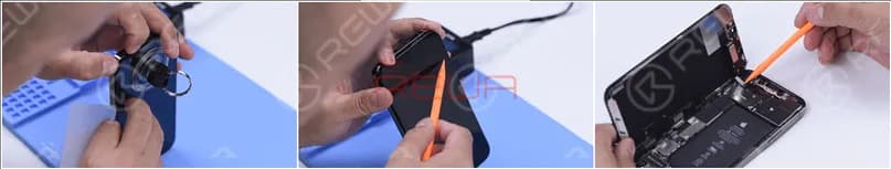 When you see a gap, you need to insert a plastic card and slide it along. Tips: To avoid breaking flex cables, please do not insert the Plastic Card too deep. In addition to that, flex cables on the display are now placed on the left, so we need to open it from the right edge. Lifting the screen, you will see the ear speaker flex becomes shorter which reminds us to be careful when lifting the screen.A trick is to keep the angle between the display and rear housing smaller than 90 degrees.
