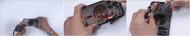 Before removing the wireless charging coil, we need to heat it up with a 150°C Hot Wind Gun.Besides that, we should pay attention to a coil of copper around the wireless charging coil. Further, a coil of magnets is added surrounding the wireless charging coil.