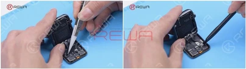 Peel off the tape covering the display flex cables with tweezers. Please do not damage the flex cables while peeling off. Then disconnect the flex cables.