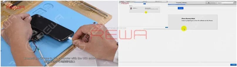 Befestigen Sie die obere und die untere Schicht an der Prüfvorrichtung. Bringen Sie die Rückglasbaugruppe an. Verbinden Sie den Batterieanschluss mit dem Gleichstromnetzteil. Verbinden Sie das iPhone über das USB-Kabel mit dem Computer. Stellen Sie das Telefon über iTunes wieder her. Trennen Sie anschließend das USB-Kabel, das Netzteil und die hintere Glasbaugruppe ab.