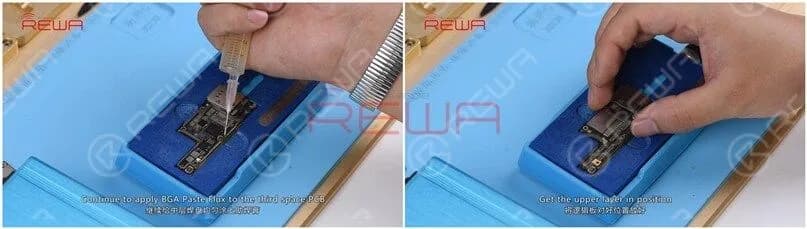Tragen Sie weiterhin BGA Paste Flux auf das Bonding Pad auf. Bringen Sie die obere Lage in Position und schalten Sie die Heizplattform ein.