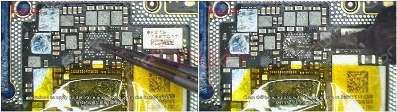 Tragen Sie weiterhin Lötpaste und Flussmittelpaste auf das Klebepad auf. Reinigen Sie das Klebepad mit dem Lötkolben bei 360℃.