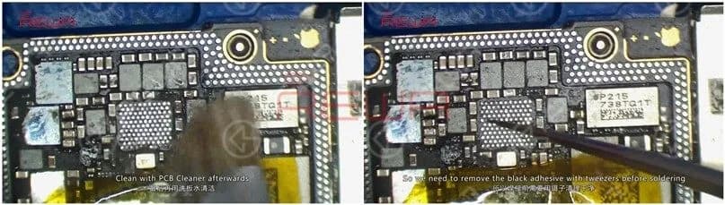  Mit der Heißluftpistole bei 330℃ weiter erhitzen und das Klebepad mit Solder Wick reinigen. Reinigen Sie anschließend mit PCB Cleaner. Um das Klebepad von U_PMIC_E befindet sich schwarzer Klebstoff. Daher müssen wir den schwarzen Klebstoff vor dem Löten mit einer Pinzette entfernen.
