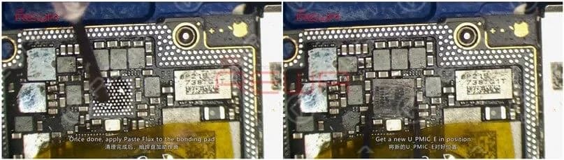  Tragen Sie anschließend Flussmittelpaste auf das Klebepad auf. Bringen Sie ein neues U_PMIC_E in Position und löten Sie mit der Heißluftpistole bei 330℃, Luftstrom 3.