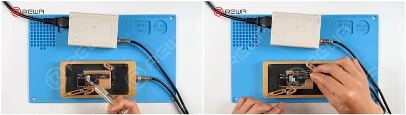 Put the motherboard on the 165 °C Heating Platform to heat. After the solder balls are formed, turn the power off and cool the signal board. Apply some Paste Flux and align the logic board with the signal board.