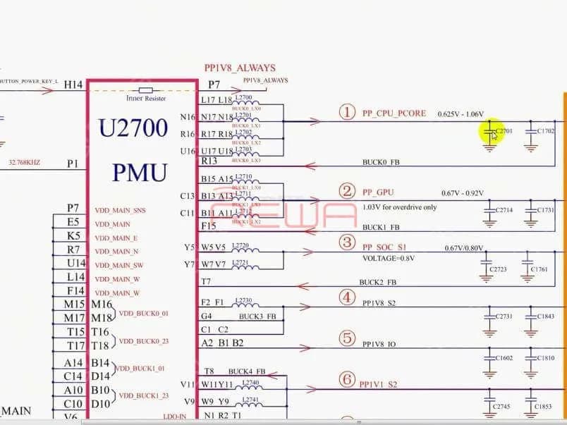 So our next step is to check the 17 rails outputted from PMU one by one.Let's start with PP_CPU_PCORE first. Locate C2701, one of the test points of PP_CPU_PCORE on Refox. Then run diode mode measurement of a capacitor on C2701 relevant circuit. The measured value is normal.