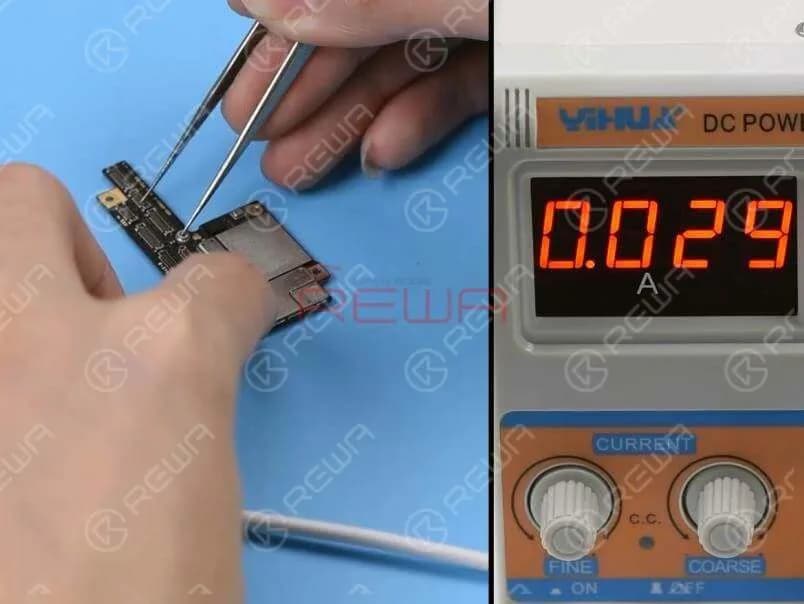 Remove the upper layer and clean with PCB Cleaner. Connect the battery connector on the upper layer with the DC Power Supply. Get the upper layer booted up with tweezers. The boot current is normal this time.
