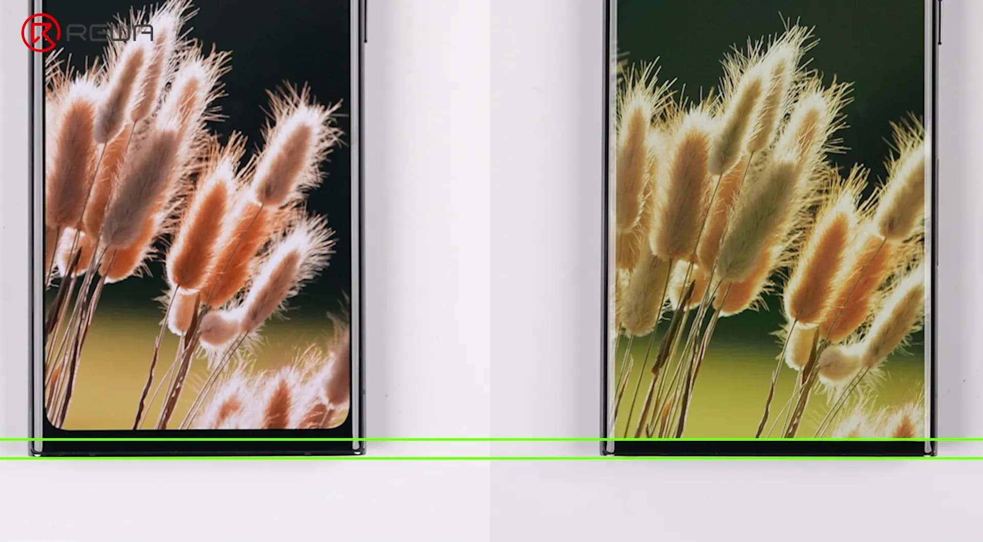 Side-by-side comparison of phone screens highlighting the narrower bottom bezel on the 1:1 OLED display