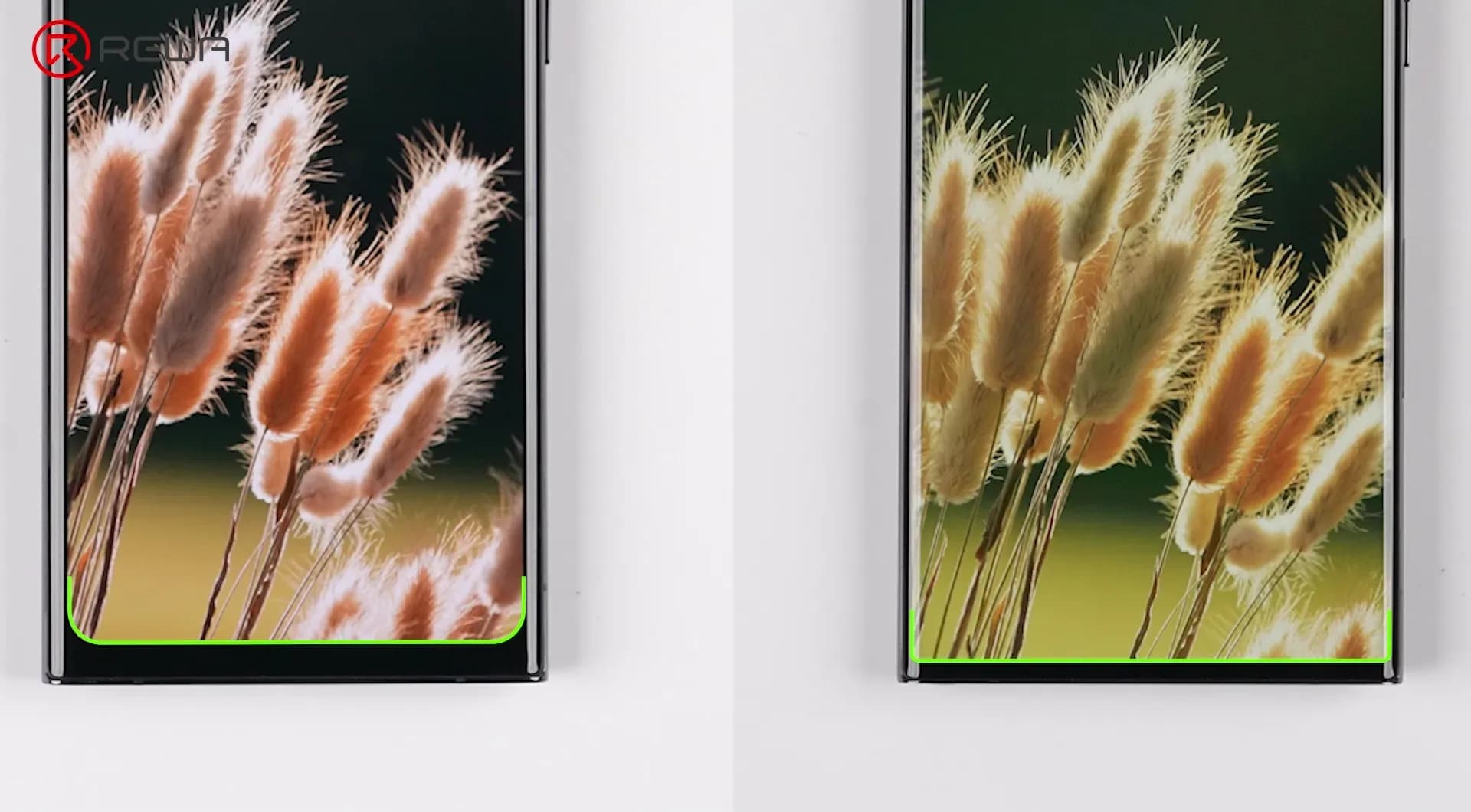 Comparison of two smartphone screens showing the thicker bottom chin on the left versus the narrower chin on the right