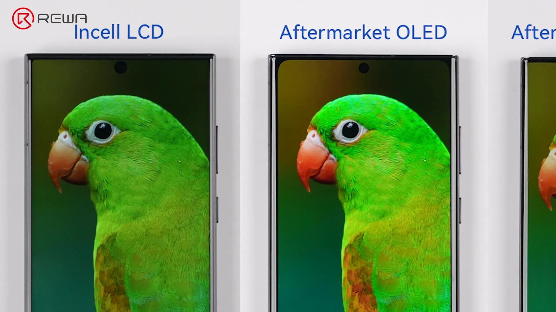 Comparison of Incell LCD and Aftermarket OLED screens, showing the OLED's thinner bezels and more vibrant colors