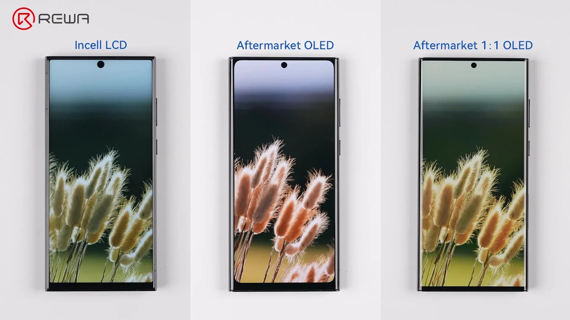 Side-by-side comparison of Incell LCD, Aftermarket OLED, and 1:1 OLED screens showing differences in bezel thickness