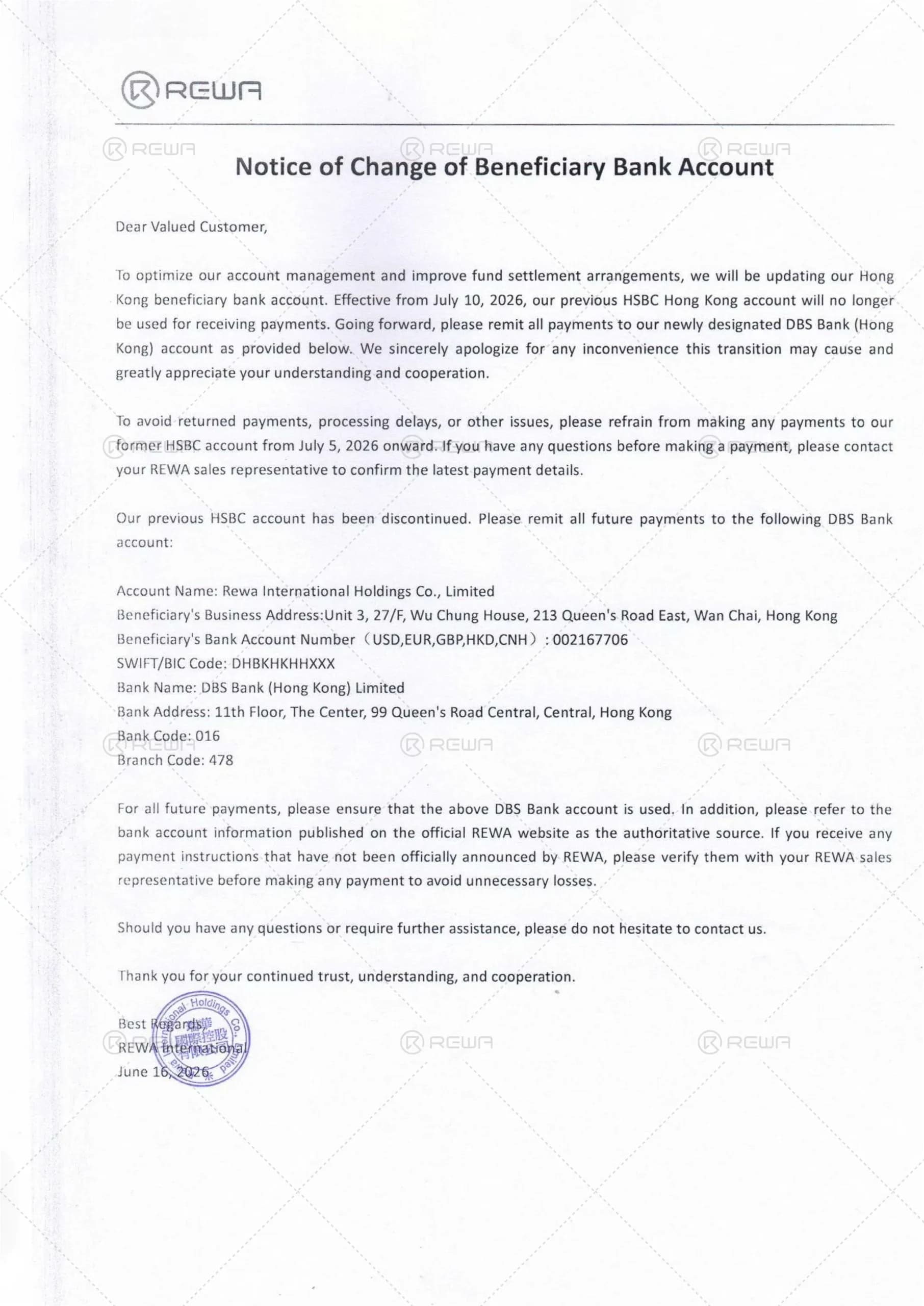 notice of bank account changing