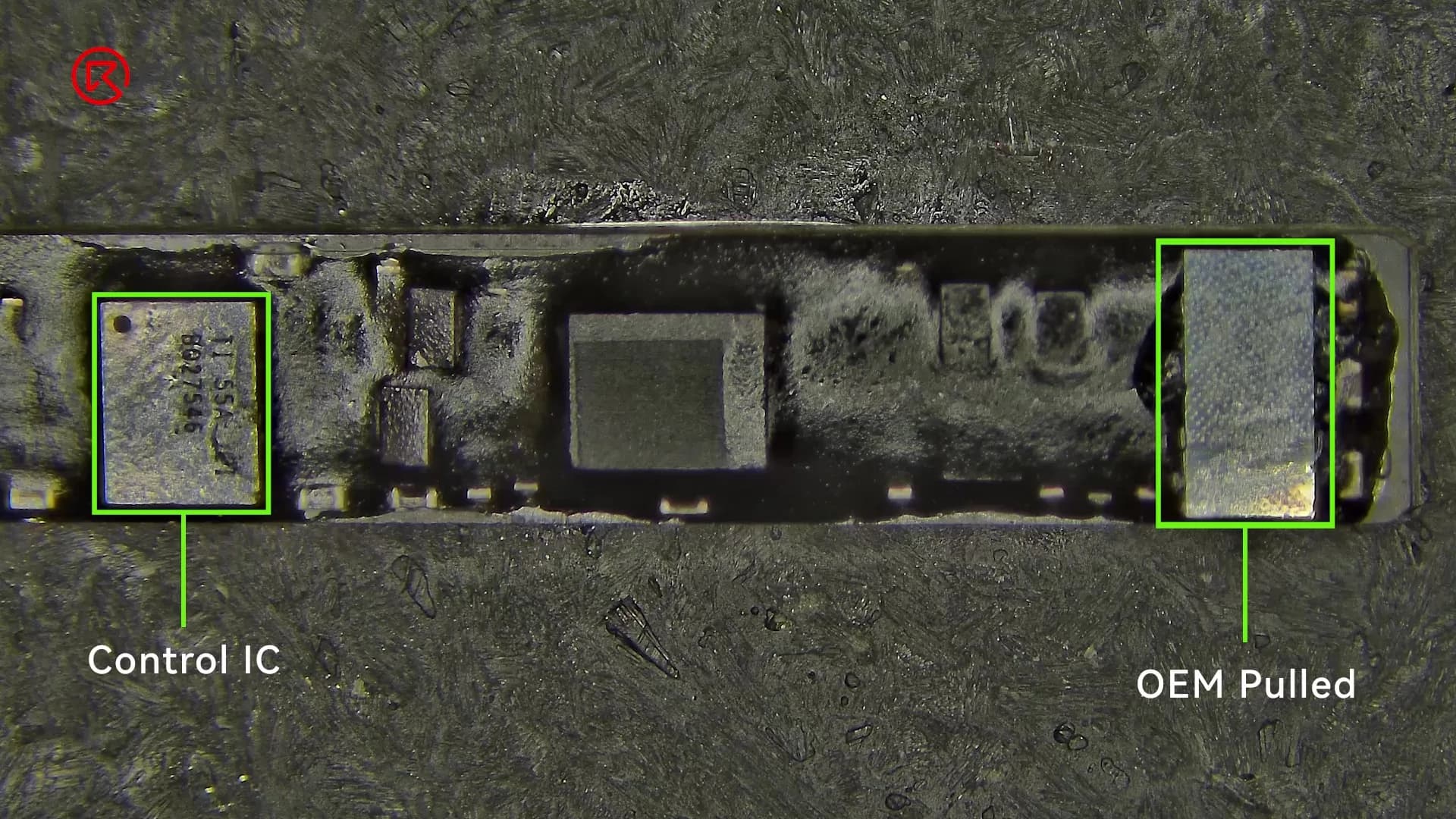 Placa BMS que muestra el circuito integrado de control (Control IC) y el circuito integrado de autenticación extraído de equipo original (OEM Pulled authentication IC)