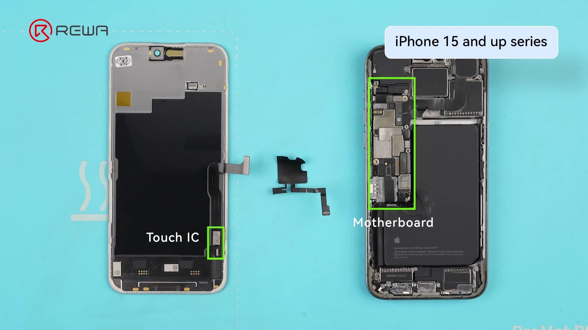Componentes de la serie iPhone 15 que destacan el circuito integrado táctil (Touch IC) de la pantalla, el flex del sensor frontal y la placa base