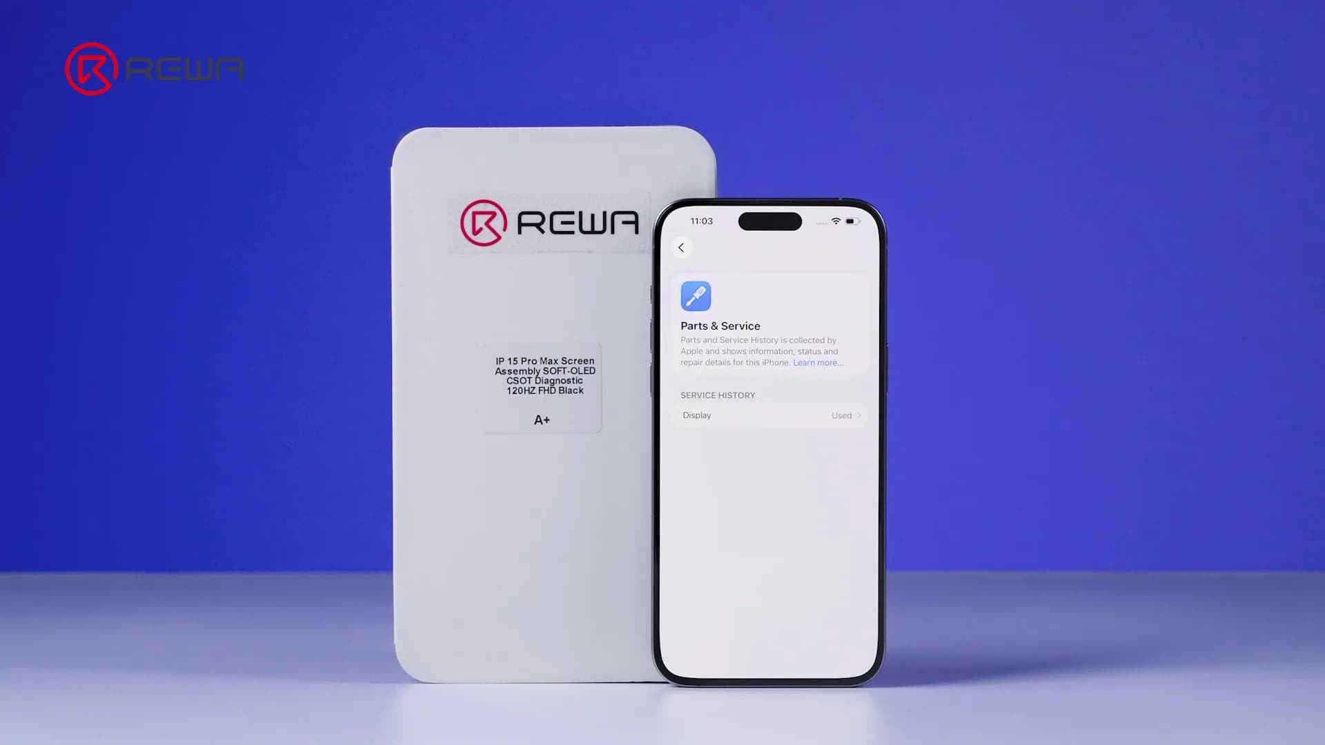 Pantalla de diagnóstico REWA para iPhone 15 Pro Max (solución al mensaje de pieza desconocida) embalaje y un iPhone que muestra una pantalla reconocida en el historial de servicio