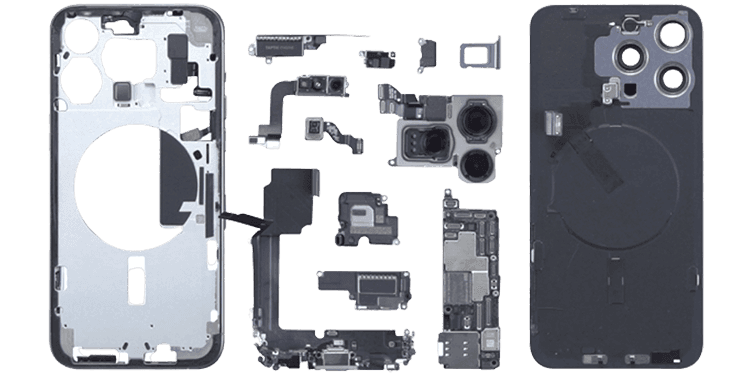 REWA phone small parts including frames, cameras, and flex cables