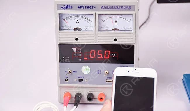 Take apart the phone and disconnect the battery. Connect the phone with the DC Power Supply. Booting current displays normally, yet the phone goes with no display.