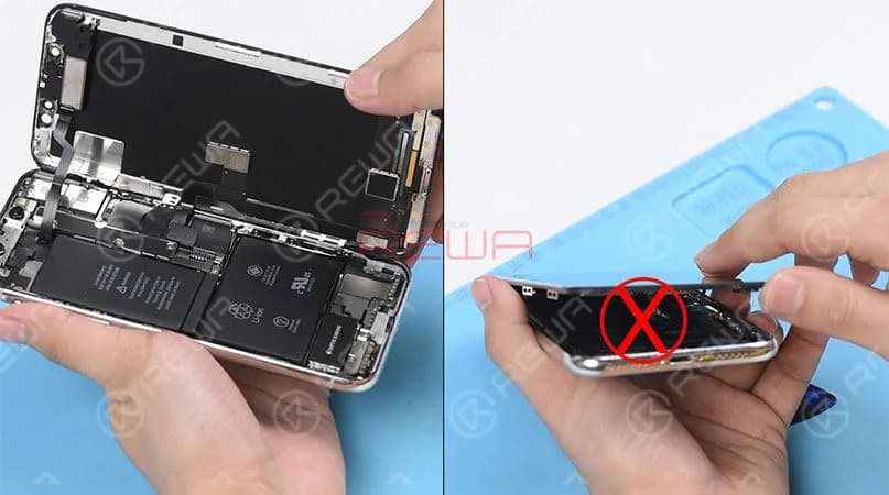 Press the suction cup firmly onto the screen, and insert the pry piece to slice through the adhesive holding the screen. Note: Do not swing the screen up from the bottom side. As the flex cables of iPhone x are mainly arranged on the right side, to avoid tearing off these cables, we need to open the phone by swinging the screen up from the left side.