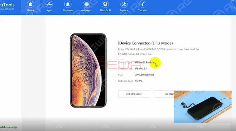 We can see on the interface of 3uTools that the phone has entered DFU mode. And the phone has been turned into iPhone 11 Pro Max. We can write firmware of iPhone 11 Pro Max to the phone. Continue to restore the phone in DFU mode. Apple logo appears on the screen during restoring. Once completed, the phone goes to the activation screen. And then the home screen. The phone displays normally. Run function test. All going well.