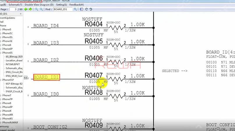 Open Refox and locate the Board ID resistor of iPhone 6s Plus. We can see 5 Board ID resistors on the schematic. R0404, R0405, R0406, R0407 and R0408. The board ID of iPhone 6s Plus is N66 MLB. Board ID resistors of iPhone 6s Plus are arranged in an array of 00110. Which means resistors on BOARD_ID1 and BOARD_ID2 should be kept. The board ID of iPhone 6s is N71 MLB. Board ID resistors of iPhone 6s are arranged in an array of 00100. Which means the resistor on BOARD_ID2 should be kept. To turn iPhone 6s Plus into iPhone 6s, all we need to do is to remove R0407 on BOARD_ID1.