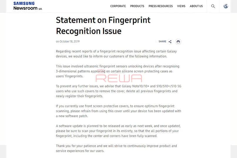 Anfang des Monats berichtete The Sun, dass der Fingerabdrucksensor im Display des Samsung Galaxy S10 eine Sicherheitslücke aufweist. Einige Silikon-Bildschirmschutzfolien können den Ultraschall-Fingerabdrucksensor verwirren. Wenn Sie derzeit diese Art von Abdeckungen verwenden, unterlassen Sie bitte die Verwendung, bis Ihr Gerät mit einem neuen Software-Patch aktualisiert wurde, nach Samsungs offiziellem Statement.