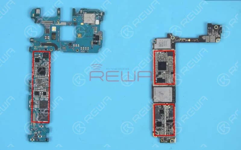Compared with iPhone logic boards, Samsung motherboards feature relatively few components scattered across the board with high integration. Most ICs on Samsung motherboards come with underfill. Samsung motherboards are relatively thin and feature fast heat dissipation, adding to the difficulty of chip soldering and repairing.