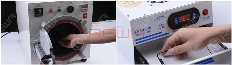 Put the glass lens with OCA adhesive into the Bubble Removing Machine for 3 minutes. Then put it into the UV Lamp for Curing OCA Glue for 5 seconds.