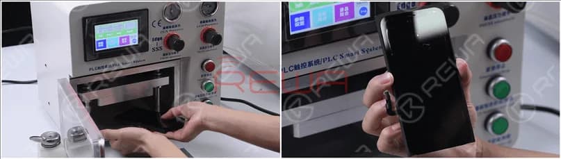 Put the screen into the laminating machine, and press “LCD laminate start”. Take out the screen and we can see there are bubbles on the screen.