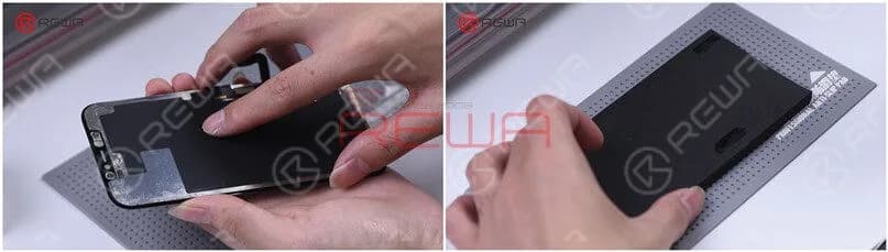 Since the iPhone 12 aligning mold has not come out yet, we use manual alignment. After alignment, place the screen on the laminating sponge. Please notice that two slots are cut on the sponge in order to prevent OLED damage.