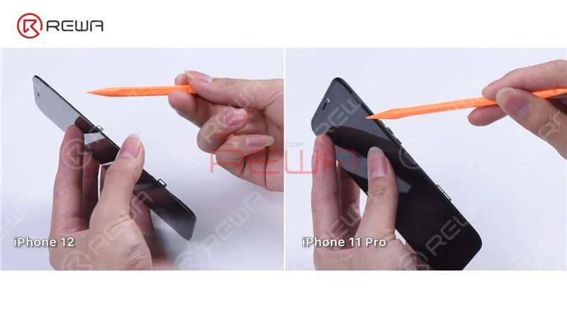 We can see that the iPhone 12 has a narrower bezel than the iPhone 11 Pro, so the iPhone 12 bezel may be a little easier to disassemble. In addition to that, the iPhone 12 bezel doesn’t wrap around the glass lens anymore. Therefore, the material requirements for the bezel adhesive will be relatively high to prevent the adhesive from falling off. To dig deeper, we will refurbish the iPhone 12 screen.