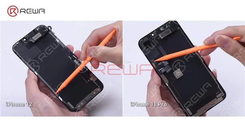 We can see that the iPhone 12 has a narrower bezel than the iPhone 11 Pro, so the iPhone 12 bezel may be a little easier to disassemble. In addition to that, the iPhone 12 bezel doesn’t wrap around the glass lens anymore. Therefore, the material requirements for the bezel adhesive will be relatively high to prevent the adhesive from falling off. To dig deeper, we will refurbish the iPhone 12 screen.