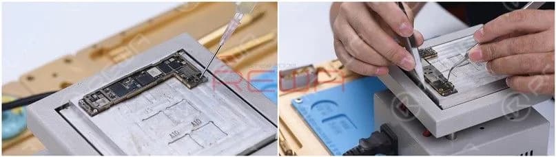 Tragen Sie etwas Paste Flux gleichmäßig auf das Klebepad auf und richten Sie die obere Lage an der unteren Lage aus. Nach der Ausrichtung erwärmen Sie die Hauptplatine weiter auf 200℃. Um zusätzliche Wärme zu erzeugen, erhitzen Sie die Kante der Grundplatine mit einer Heißluftpistole auf 320℃.