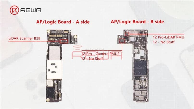 Wie wir in unserem vorherigen Video erwähnt haben, ist die Hauptplatine des iPhone 12 und des iPhone 12 Pro fast identisch mit der doppelt gestapelten Lötung. Der einzige Unterschied besteht darin, dass der Verbindungsteil des LiDAR-Scanners auf der Hauptplatine des iPhone 12 kein Material hat. Darüber hinaus sehen wir nach der Trennung zwei leere Teile auf der oberen Schicht. Die beiden Teile sind zusätzlich für die Kamera-PMU2 und die LiDAR-PMU auf dem iPhone 12 Pro-Motherboard reserviert.