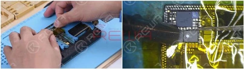L3341 and L3340 are connected in series on the circuit. The open-circuited condition indicates that the two inductors might have been pseudo soldered or damaged. We need to replace the two damaged inductors with new inductors. Attach the upper layer to the PCB holder and stick high-temperature tape on components around. Heat with QUICK 990AD Hot Air Gun at 300℃ and airflow 3. Remove black adhesive around the two inductors.