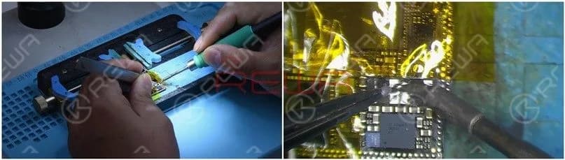 Continue to apply some medium-temp solder paste to the two bonding pads. Tin the two bonding pads with Soldering Iron at 365℃. Then clean black adhesive on the bonding pad.