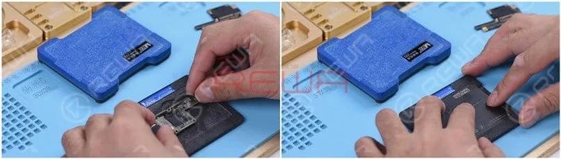 The next thing we need to do is to solder the two layers together. We need to get the lower layer reballed first. Put the lower layer into the reballing mold and get the BGA Reballing Stencil in position.