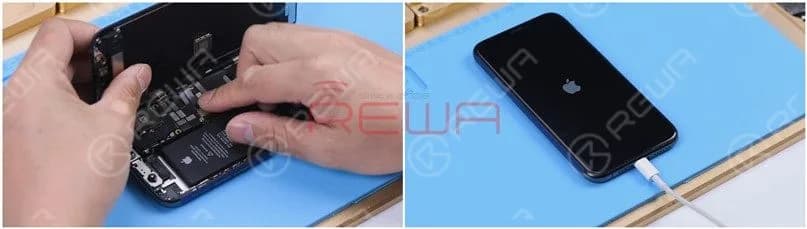 Put the motherboard on the phone. Connect the flex cables, screen, and battery. Because the battery is dead, plug the charging cable and the phone turns on normally.