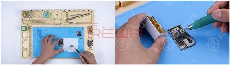 Next, we need to locate the faulty component with rosin detecting.Remove thermal grease with a Sculpture Knife. Then dip rosin with Soldering Iron at 365℃ and smoke rosin on the signal board.