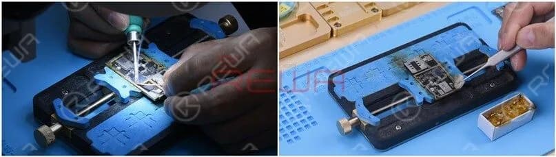 Smear rosin with Soldering Iron and solder wick at 365℃ to remove tin on the bonding pad. Clean the signal board with PCB Cleaner.