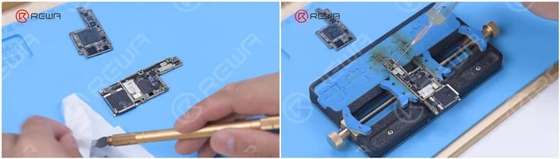 Remove thermal grease with a Sculpture Knife. Thermal grease must be removed completely. Otherwise, the thermal grease will touch the logic board to give rise to pseudo soldering in recombination. Attach the signal board to the holder and apply a round of Paste Flux.