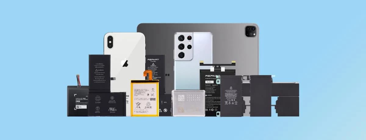 Replacement batteries with iPhone, Android phone, and tablet