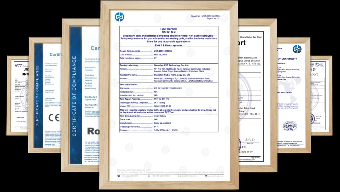 Framed battery certification documents including MSDS and compliance certificates