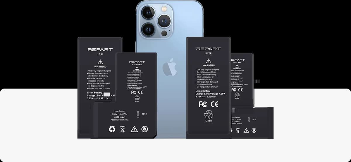 REWA Selected iPhone batteries beside an iPhone